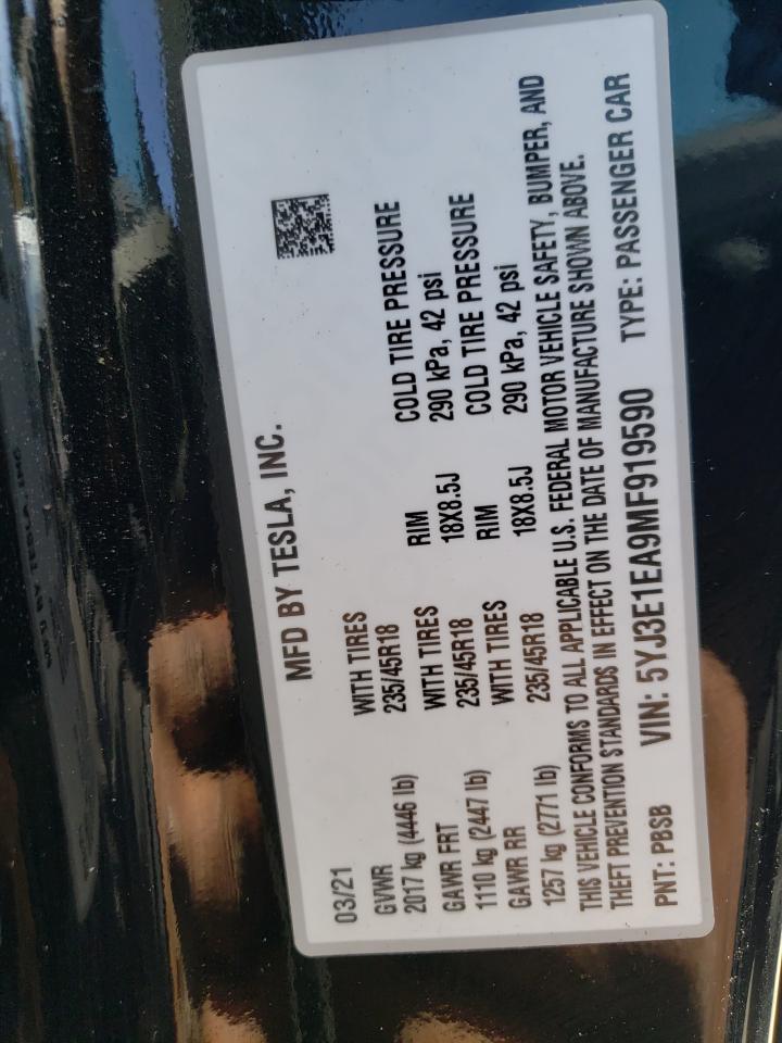 Photo 10 from auction – 2021 TESLA MODEL 3 with VIN 5YJ3E1EA9MF919590