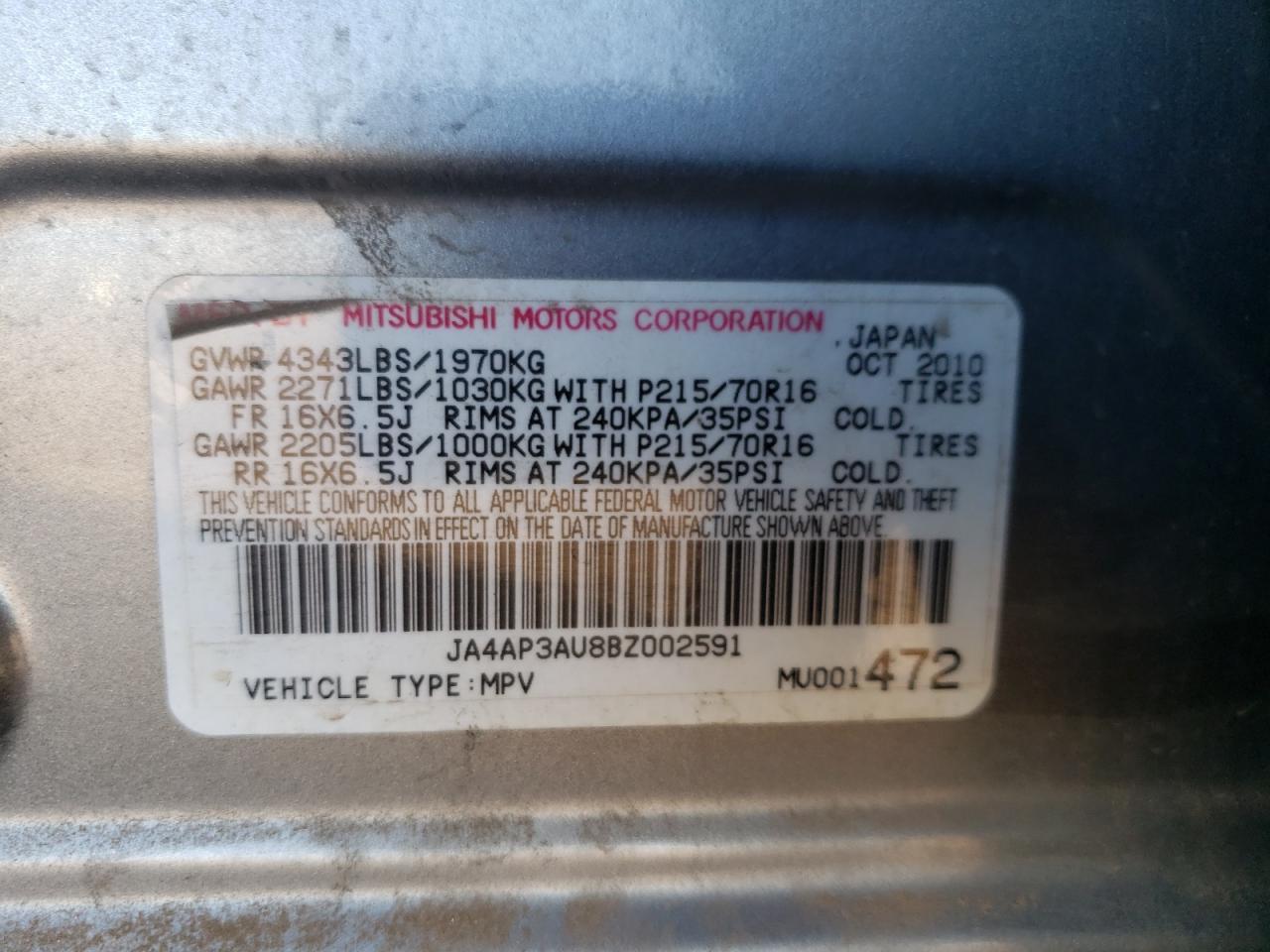 Zdjęcie 10 z aukcji – 2011 MITSUBISHI OUTLANDER z VIN JA4AP3AU8BZ002591