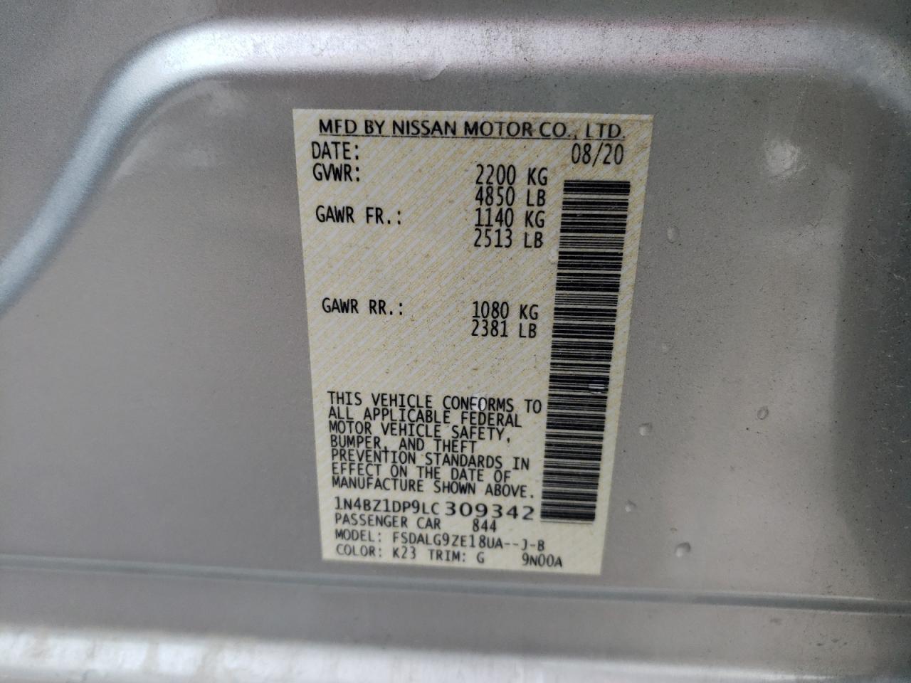 Photo 10 from auction – 2020 NISSAN LEAF SL PL with VIN 1N4BZ1DP9LC309342