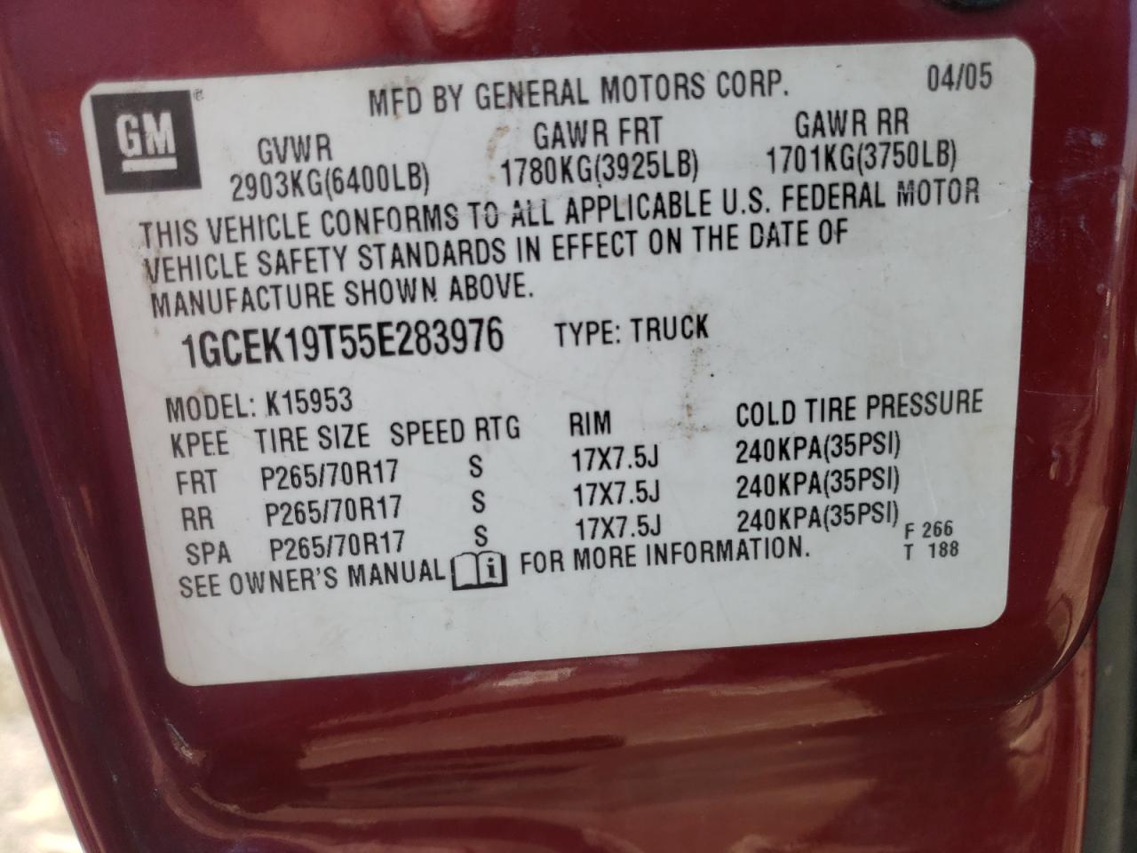 Photo 10 from auction – 2005 CHEVROLET SILVERADO with VIN 1GCEK19T55E283976