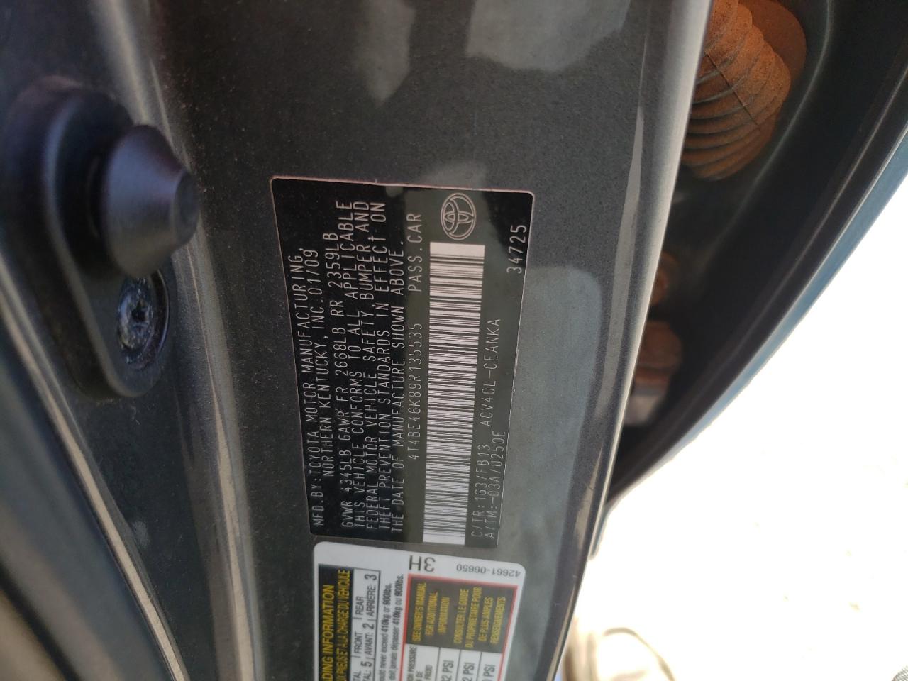 Photo 10 from auction – 2009 TOYOTA CAMRY BASE with VIN 4T4BE46K89R135535