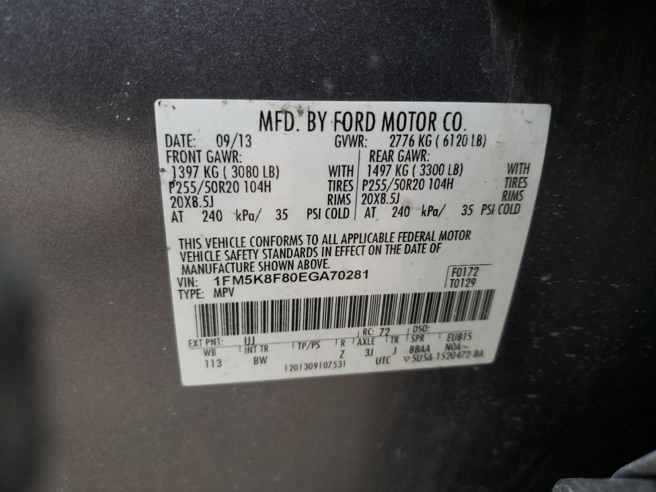 Photo 10 from auction – 2014 FORD EXPLORER L with VIN 1FM5K8F80EGA70281