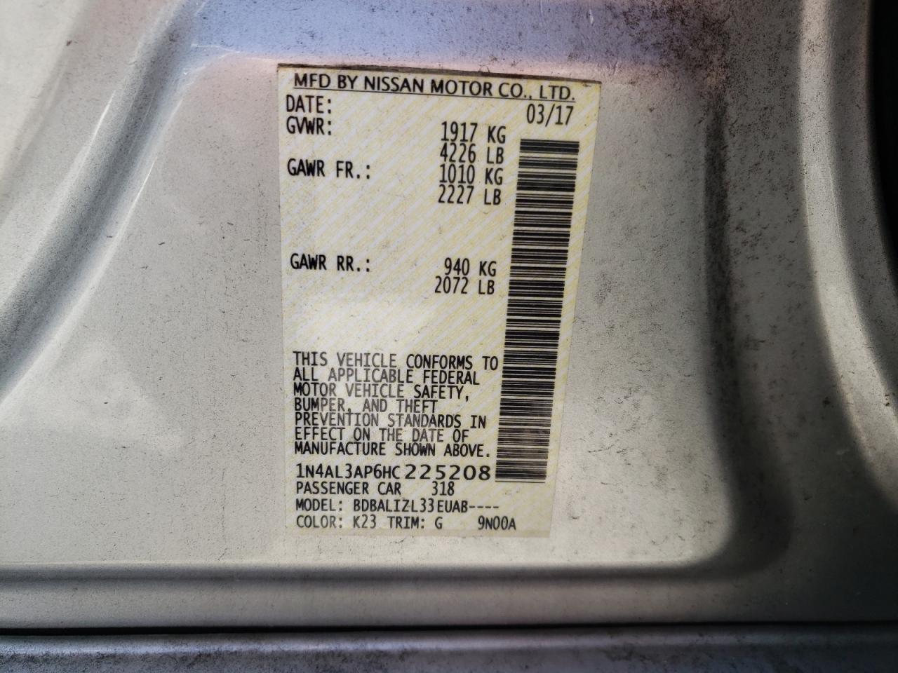 Photo 10 from auction – 2017 NISSAN ALTIMA 2.5 with VIN 1N4AL3AP6HC225208