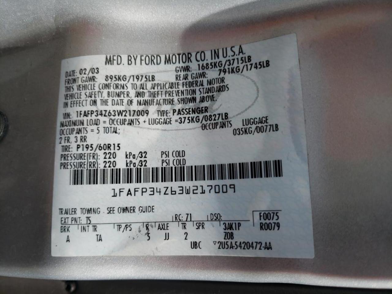 Photo 10 from auction – 2003 FORD FOCUS SE C with VIN 1FAFP34Z63W217009
