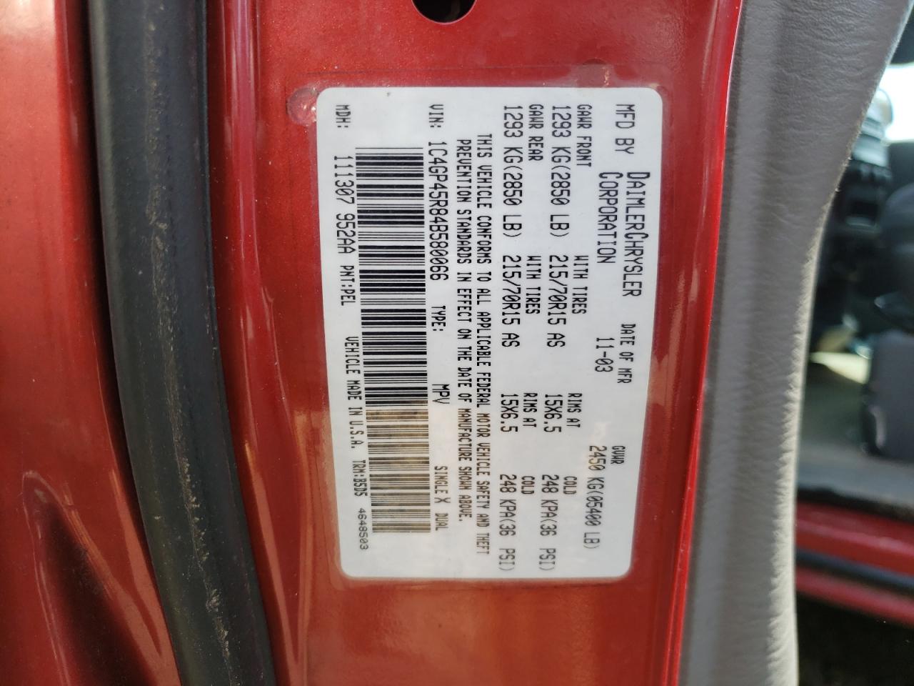 Photo 10 from auction – 2004 CHRYSLER TOWN & COU with VIN 1C4GP45R84B580066