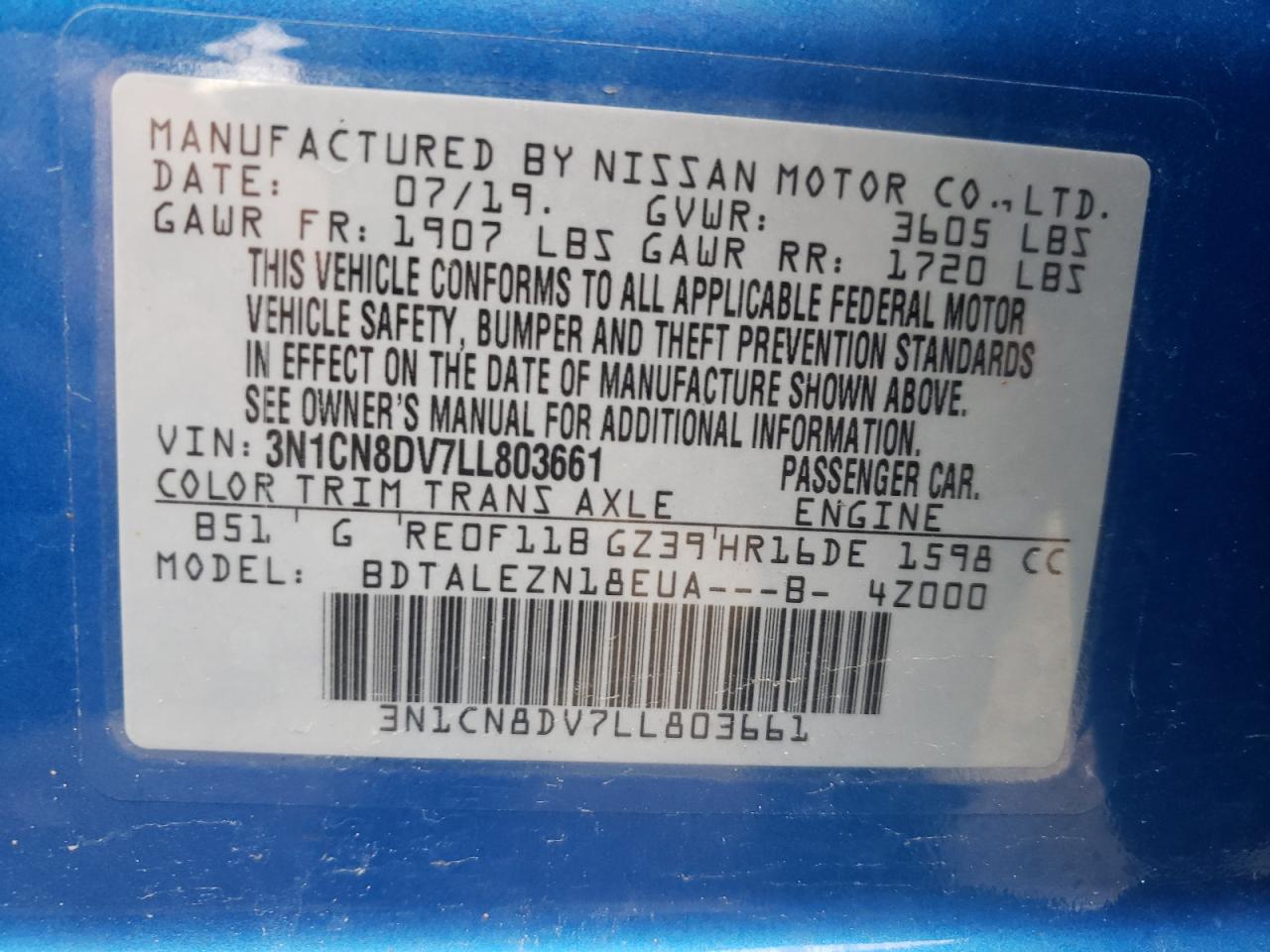 Photo 10 from auction – 2020 NISSAN VERSA S with VIN 3N1CN8DV7LL803661