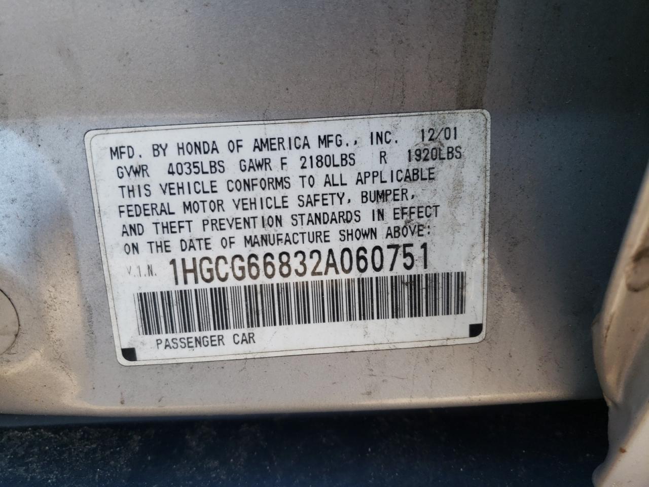 Photo 10 from auction – 2002 HONDA ACCORD EX with VIN 1HGCG66832A060751