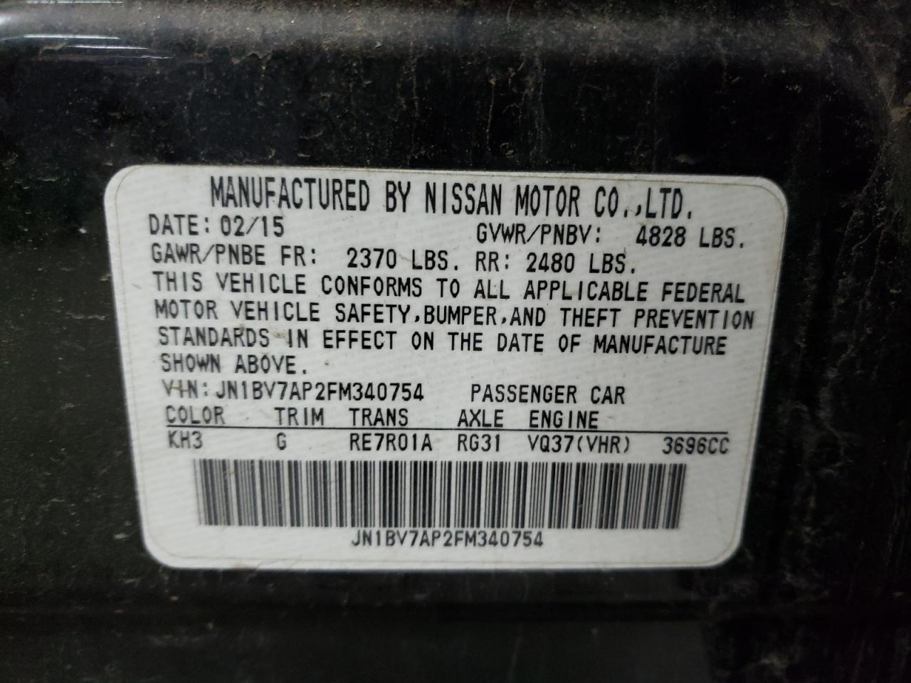 Photo 10 from auction – 2015 INFINITI Q50 BASE with VIN JN1BV7AP2FM340754