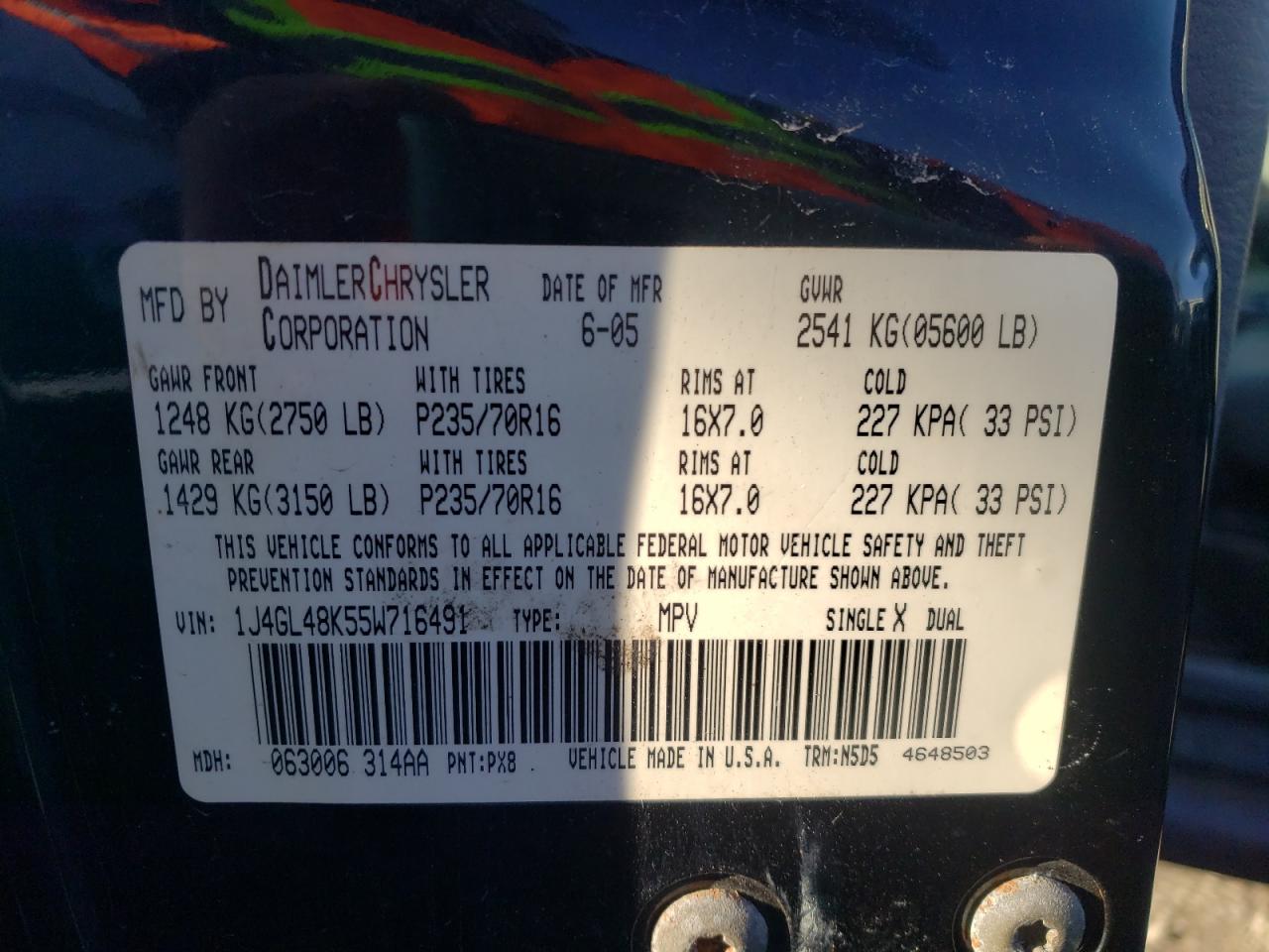 Photo 10 from auction – 2005 JEEP LIBERTY SP with VIN 1J4GL48K55W716491