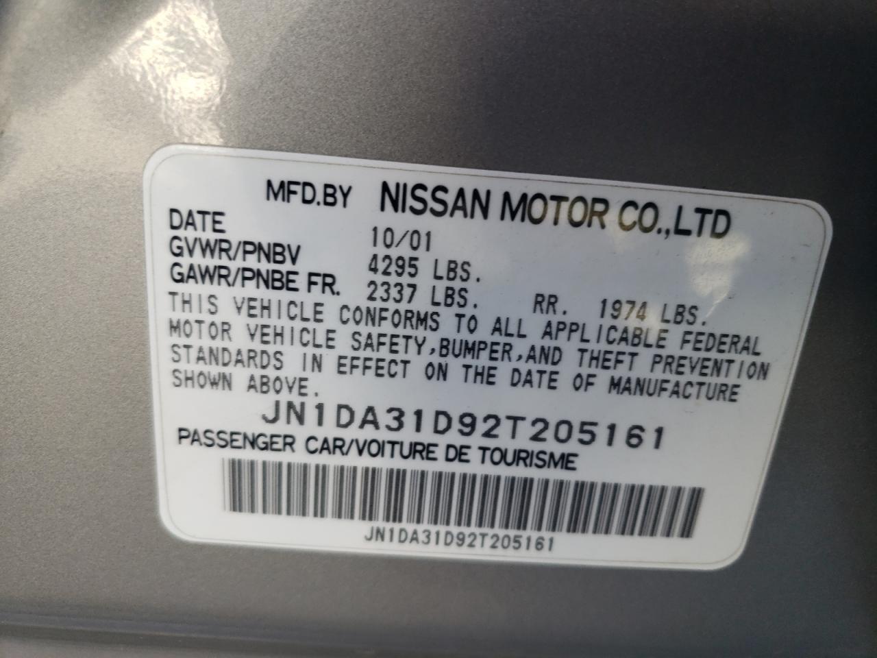 Photo 10 from auction – 2002 NISSAN MAXIMA GLE with VIN JN1DA31D92T205161