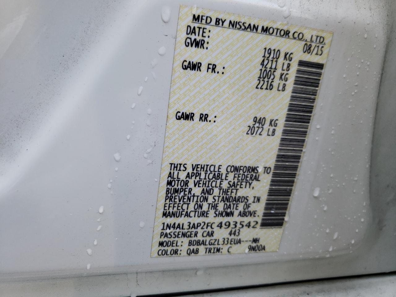 Photo 10 from auction – 2015 NISSAN ALTIMA 2.5 with VIN 1N4AL3AP2FC493542