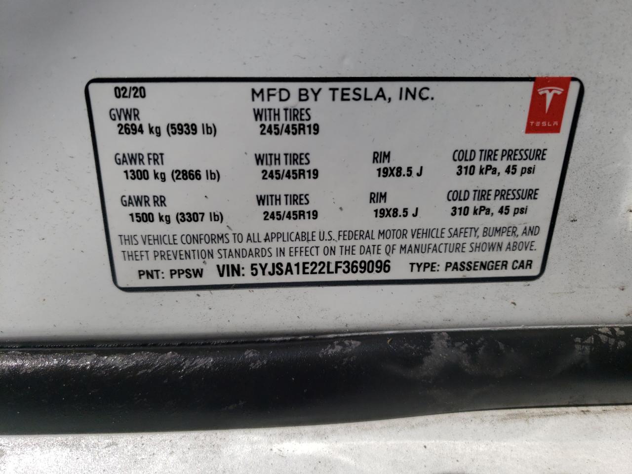 Photo 10 from auction – 2020 TESLA MODEL S with VIN 5YJSA1E22LF369096
