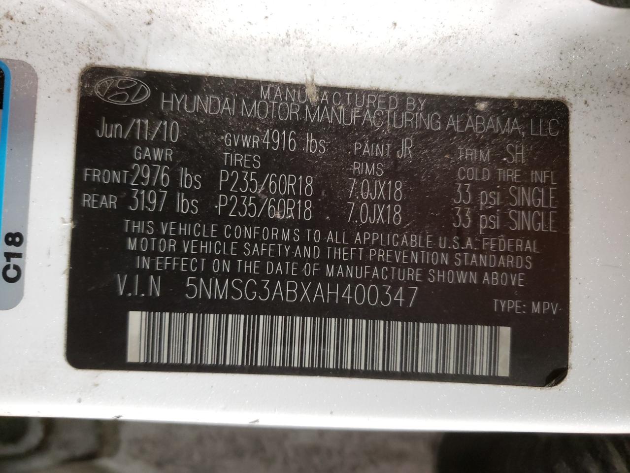 Photo 10 from auction – 2010 HYUNDAI SANTA FE G with VIN 5NMSG3ABXAH400347
