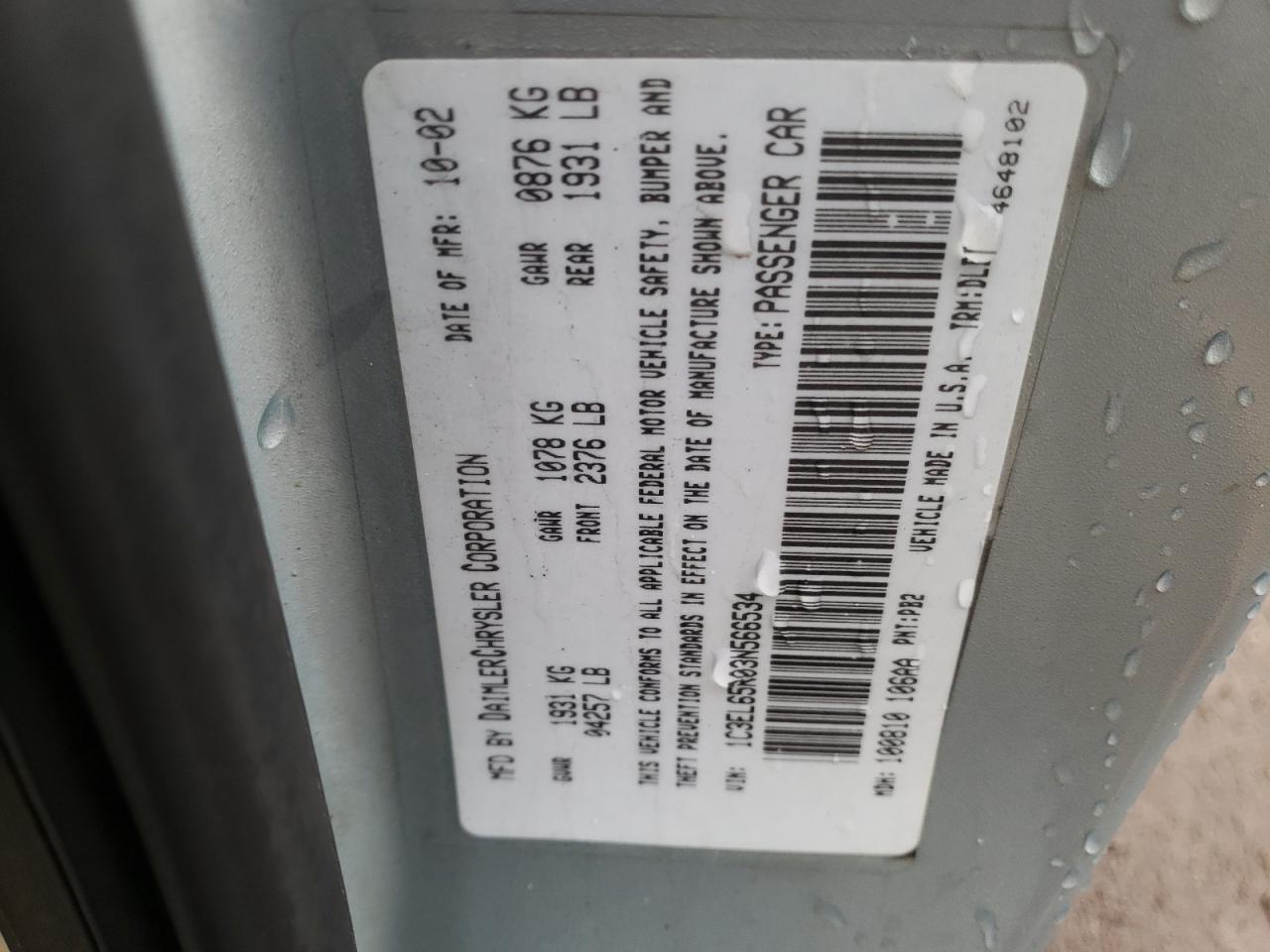 Photo 10 from auction – 2003 CHRYSLER SEBRING LI with VIN 1C3EL65R03N566534
