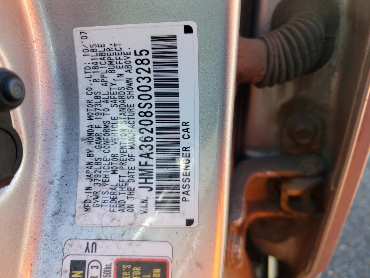 Foto 10 de la subasta – 2008 HONDA CIVIC con VIN JHMFA36208S003285