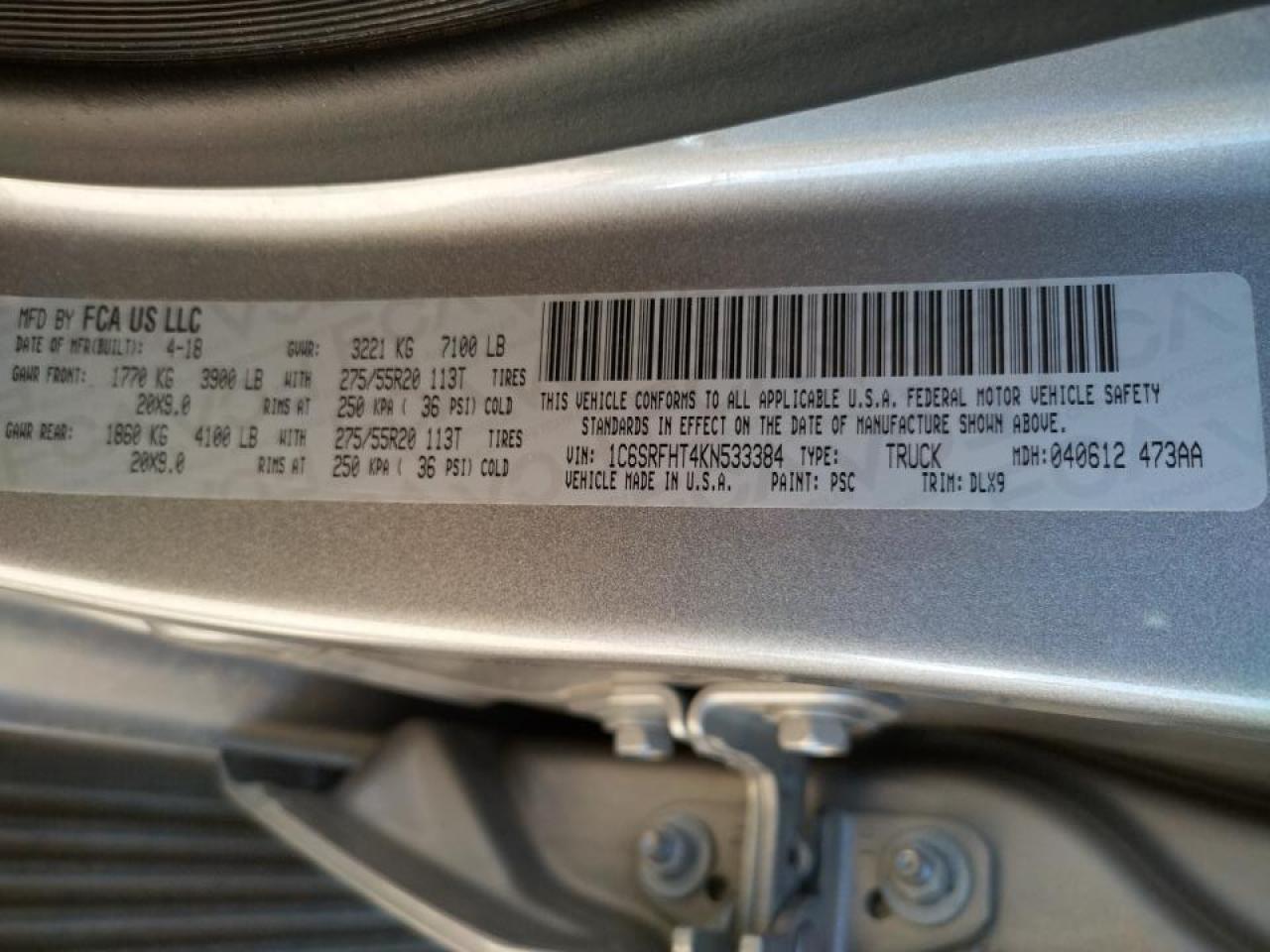 Photo 10 from auction – 2019 RAM 1500 LIMIT with VIN 1C6SRFHT4KN533384
