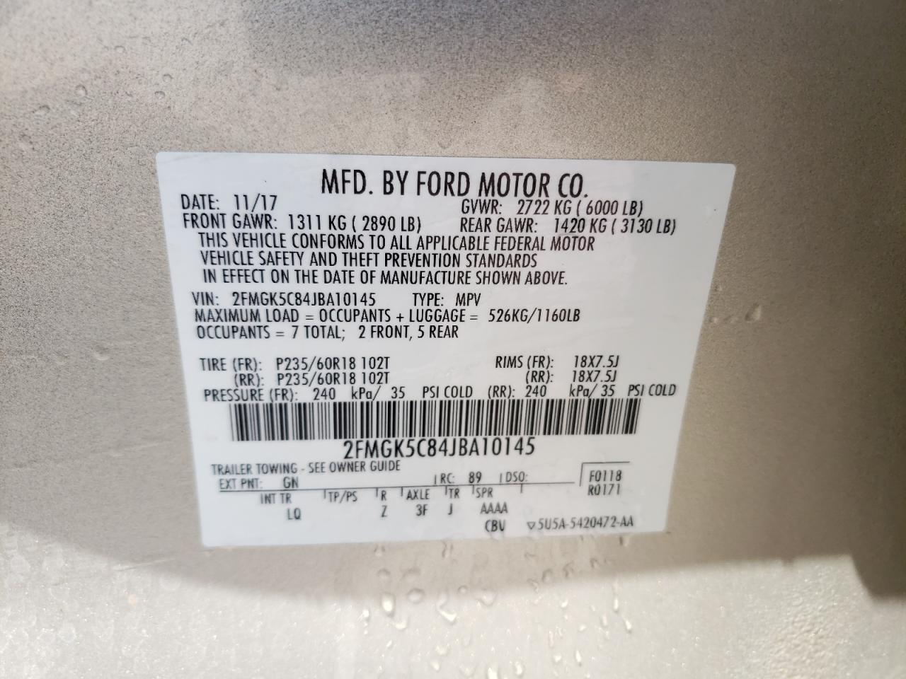 Photo 10 from auction – 2018 FORD FLEX SEL with VIN 2FMGK5C84JBA10145