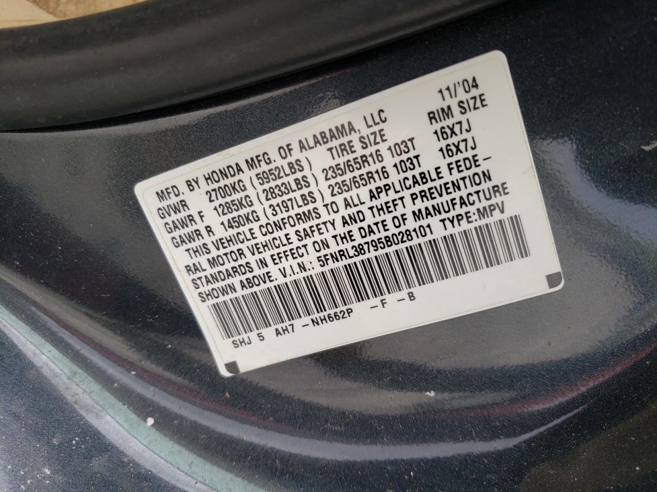 Photo 10 from auction – 2005 HONDA ODYSSEY EX with VIN 5FNRL38795B028101