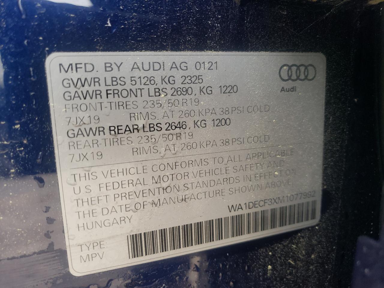 Photo 10 from auction – 2021 AUDI Q3 PREMIUM with VIN WA1DECF3XM1077992