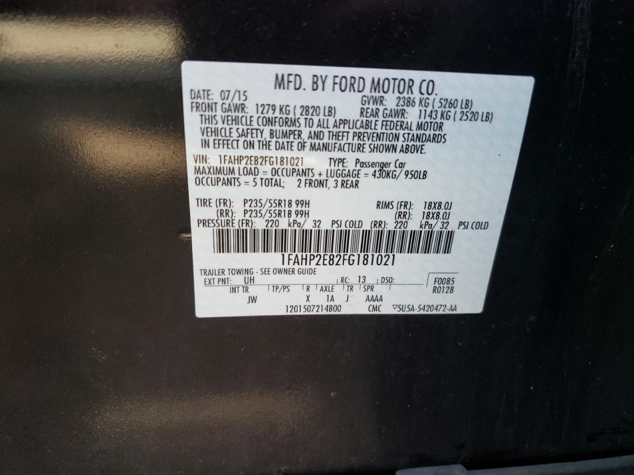 Photo 10 from auction – 2015 FORD TAURUS SEL with VIN 1FAHP2E82FG181021