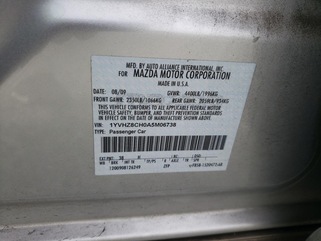 Photo 10 from auction – 2010 MAZDA 6 I with VIN 1YVHZ8CH0A5M06738