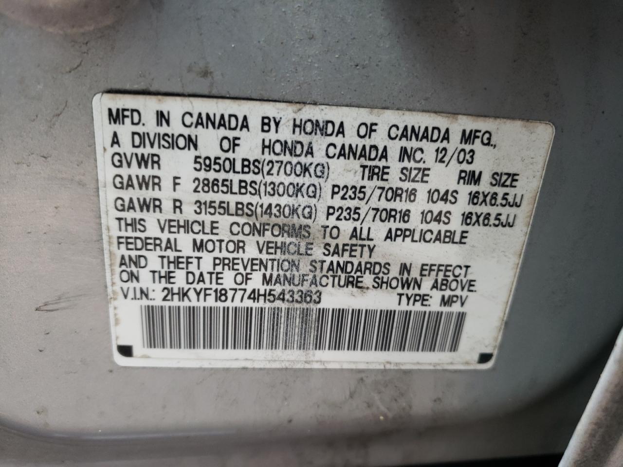 Photo 10 from auction – 2004 HONDA PILOT EXL with VIN 2HKYF18774H543363