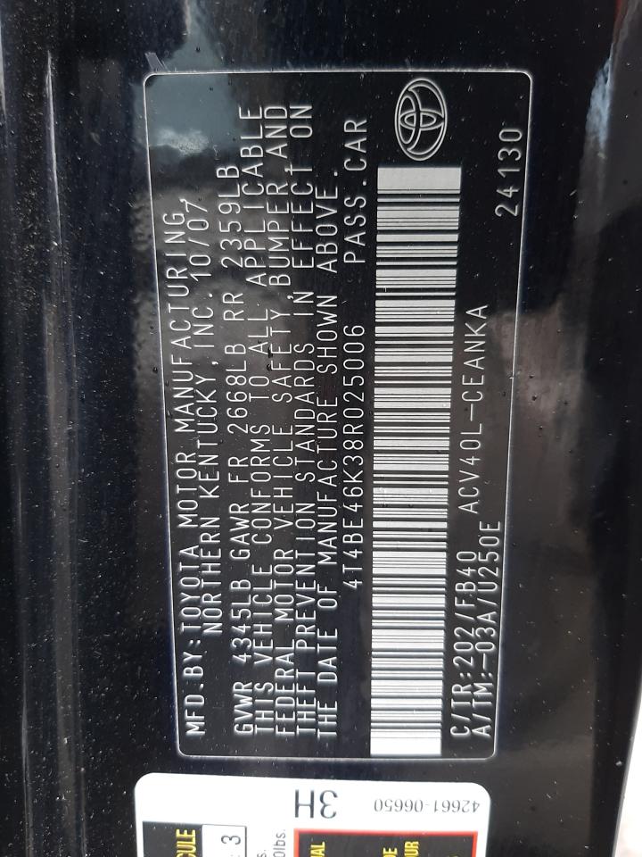 Photo 10 from auction – 2008 TOYOTA CAMRY CE with VIN 4T4BE46K38R025006