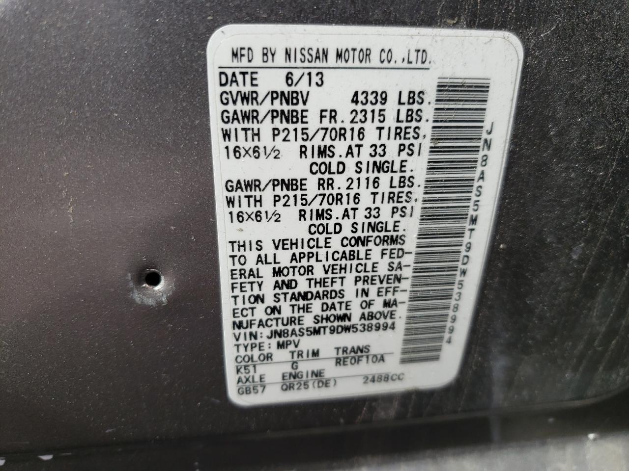 Photo 10 from auction – 2013 NISSAN ROGUE S with VIN JN8AS5MT9DW538994