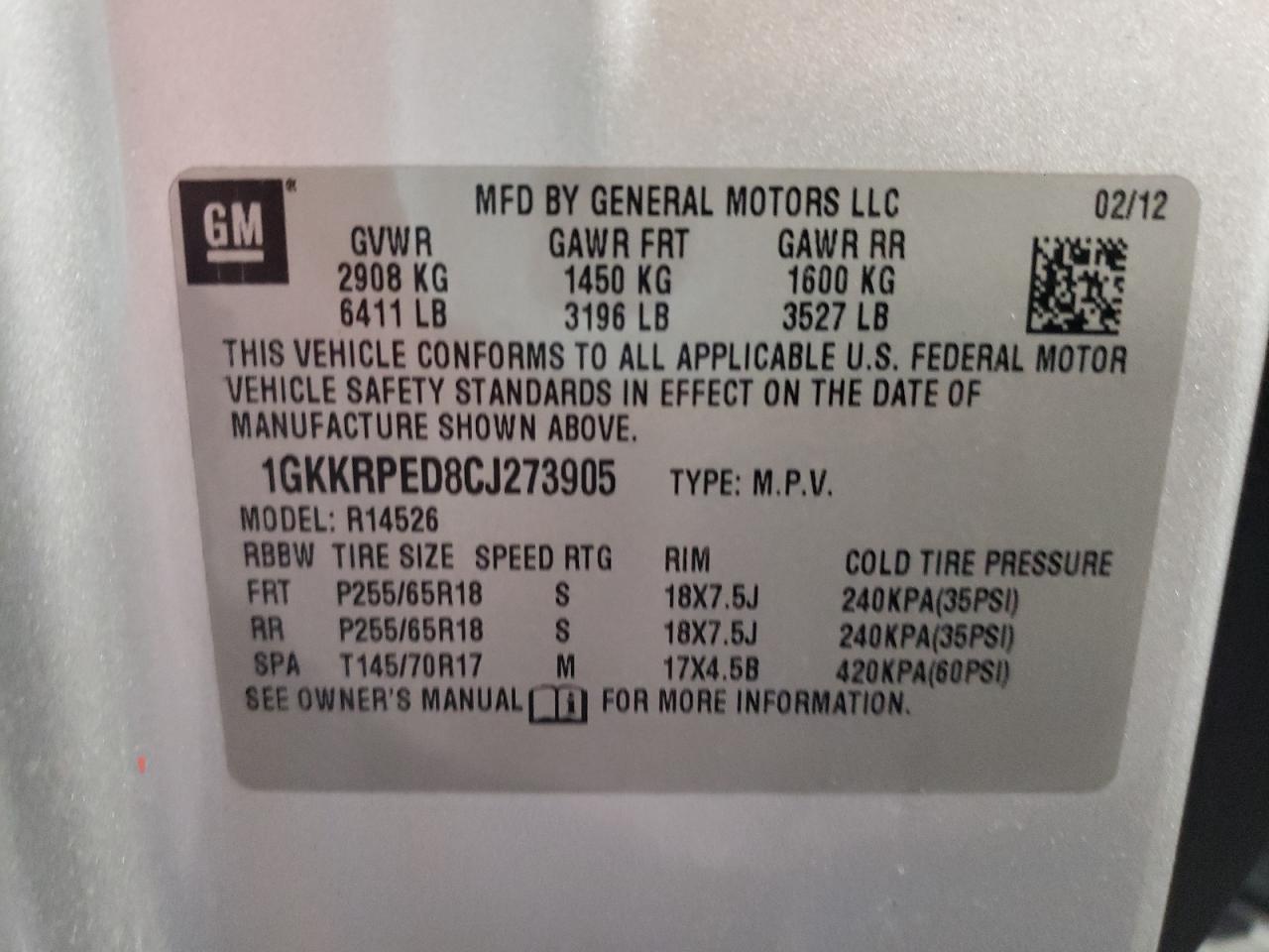 Photo 10 from auction – 2012 GMC ACADIA SLE with VIN 1GKKRPED8CJ273905