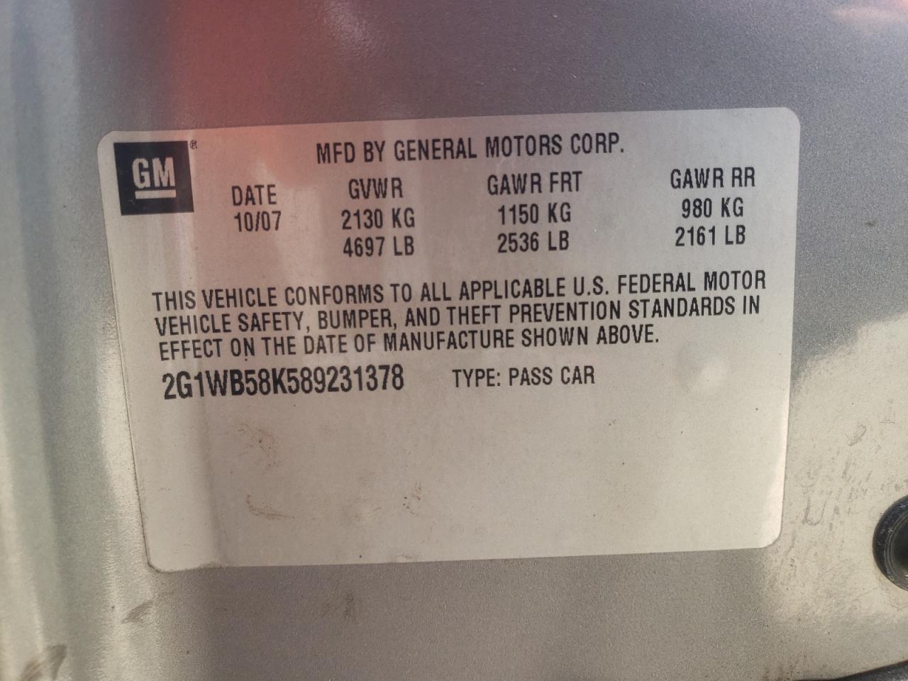 Photo 10 from auction – 2008 CHEVROLET IMPALA LS with VIN 2G1WB58K589231378