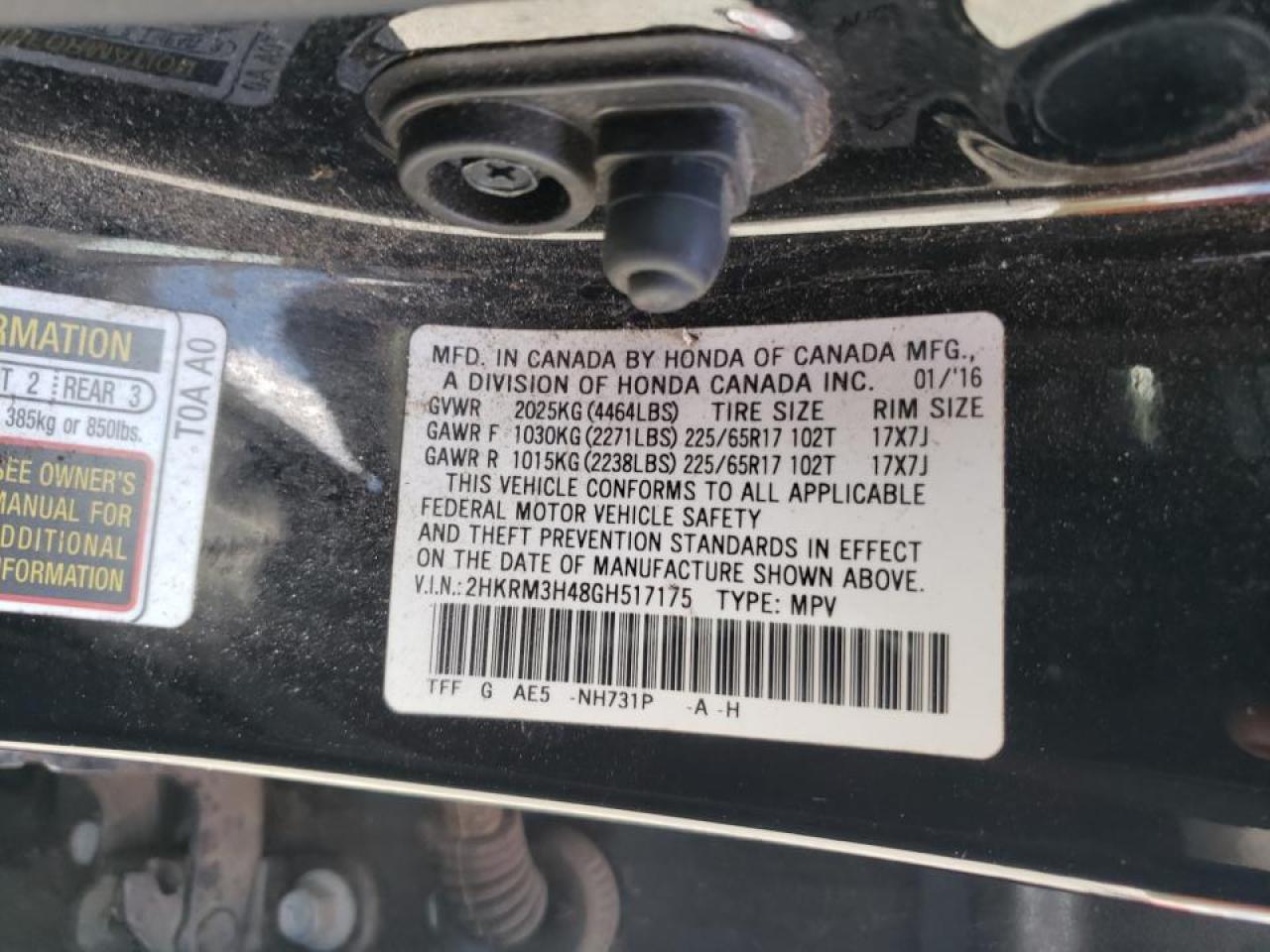 Photo 10 from auction – 2016 HONDA CR-V SE with VIN 2HKRM3H48GH517175