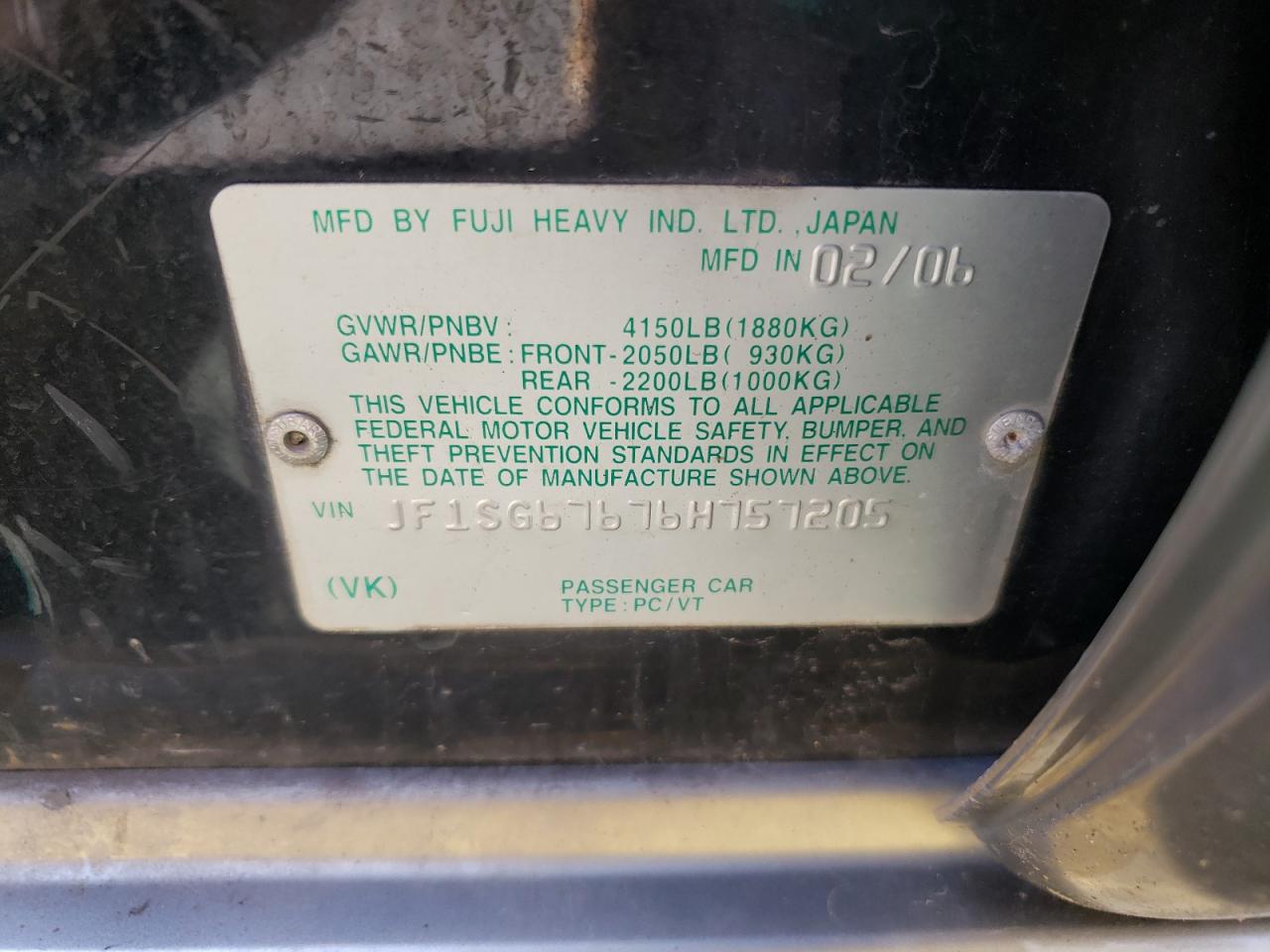 Foto 10 de la subasta – 2006 SUBARU FORESTER 2 con VIN JF1SG67676H757205