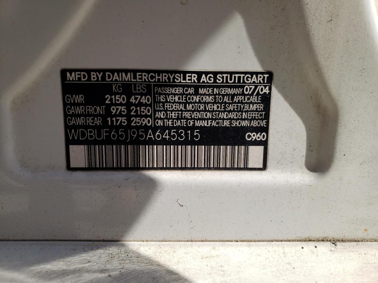 Photo 10 from auction – 2005 MERCEDES-BENZ E 320 with VIN WDBUF65J95A645315