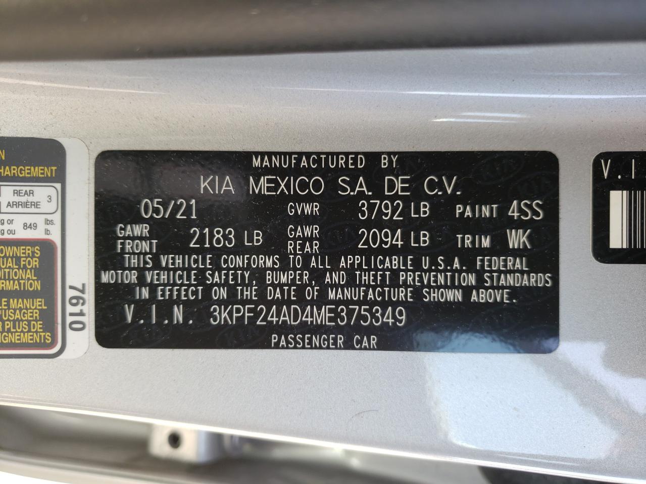 Photo 10 from auction – 2021 KIA FORTE FE with VIN 3KPF24AD4ME375349