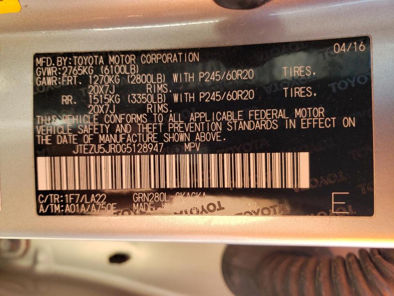 Photo 10 from auction – 2016 TOYOTA 4RUNNER SR with VIN JTEZU5JR0G5128947