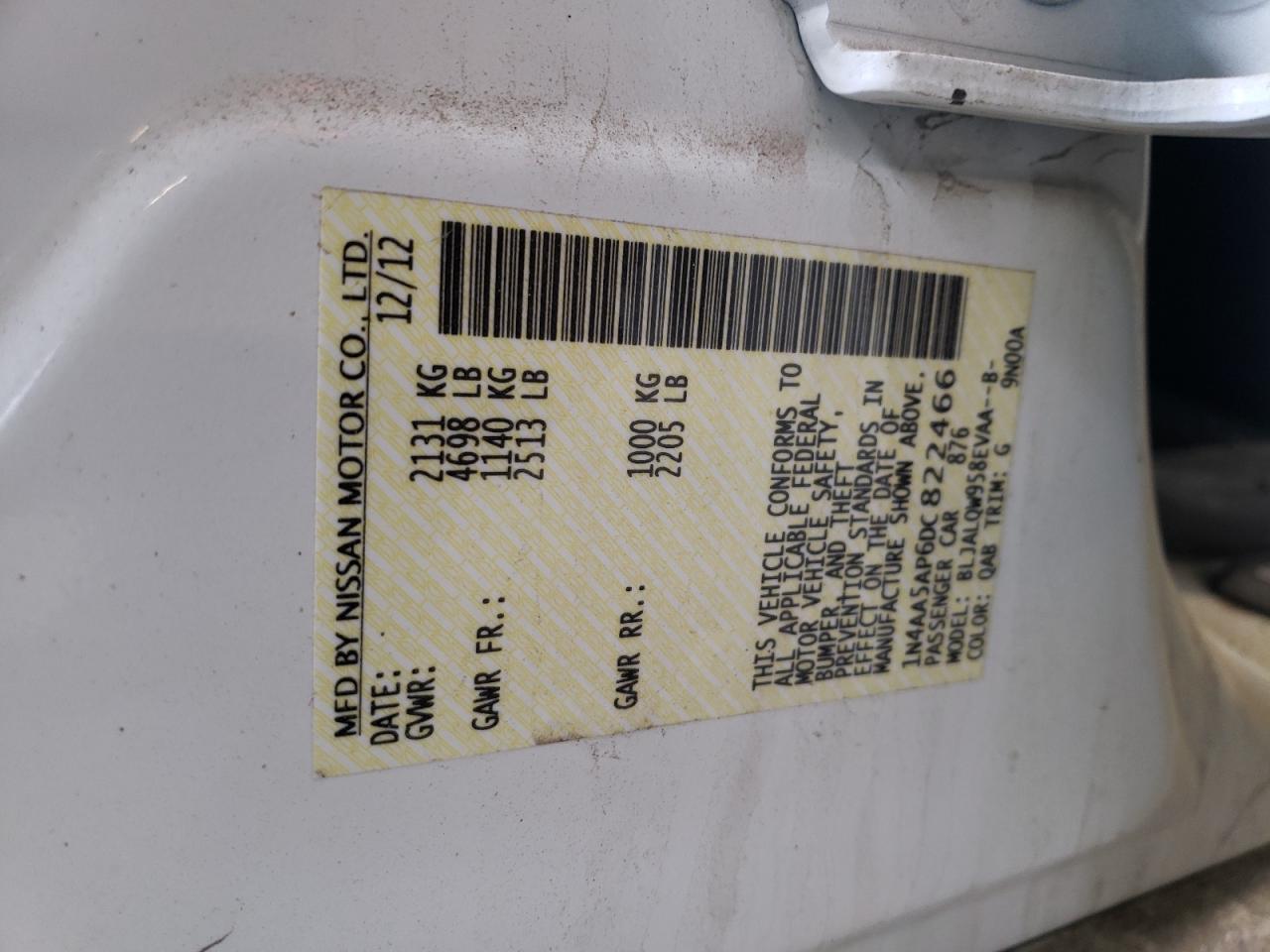 Photo 10 from auction – 2013 NISSAN MAXIMA S with VIN 1N4AA5AP6DC822466
