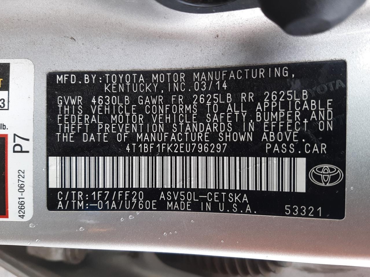 Photo 10 from auction – 2014 TOYOTA CAMRY L with VIN 4T1BF1FK2EU796297