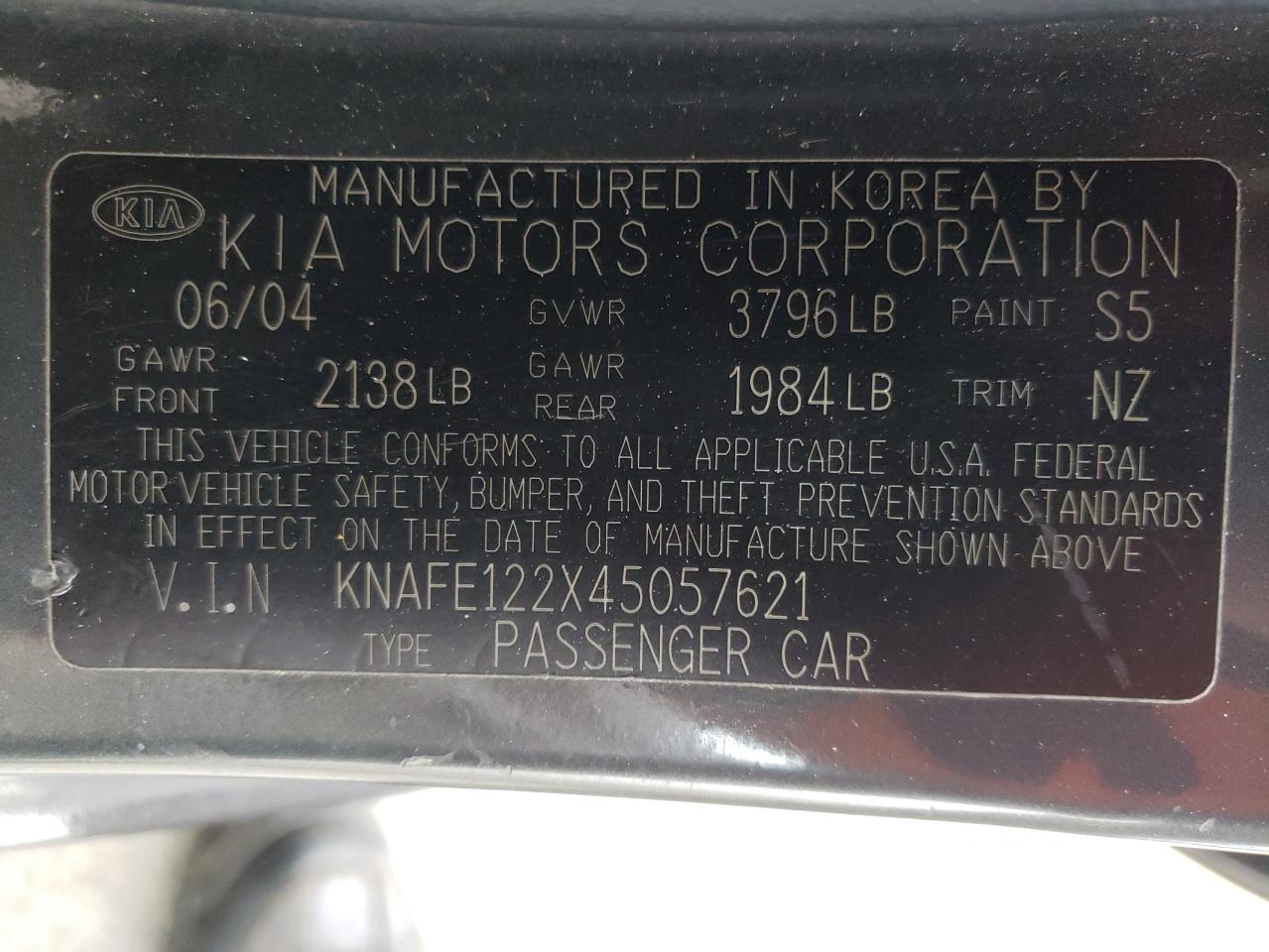 Photo 10 from auction – 2004 KIA SPECTRA LX with VIN KNAFE122X45057621