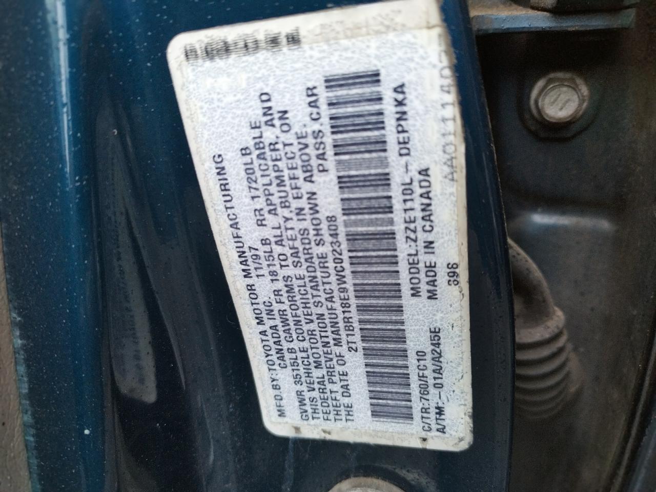 Photo 10 from auction – 1998 TOYOTA COROLLA VE with VIN 2T1BR18E9WC023408
