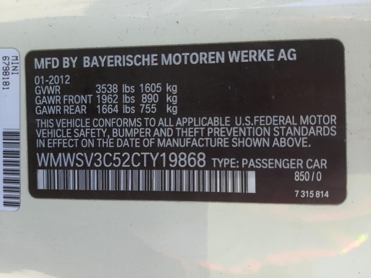 Photo 10 from auction – 2012 MINI COOPER S with VIN WMWSV3C52CTY19868
