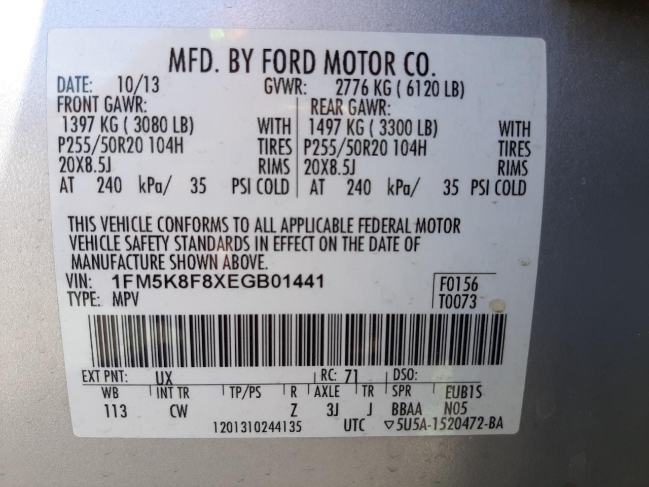 Фото 10 с аукциона – 2014 FORD EXPLORER L с VIN 1FM5K8F8XEGB01441