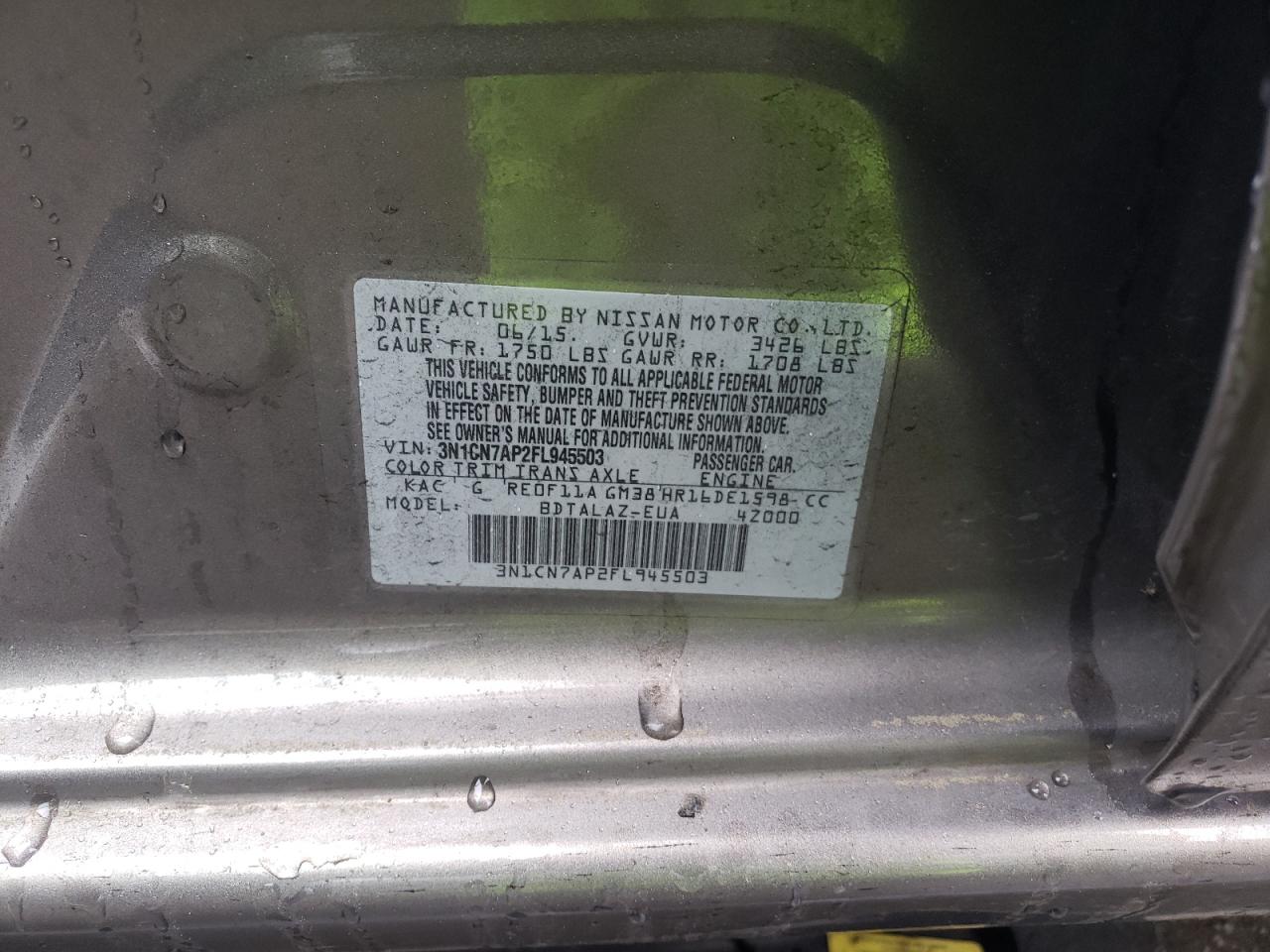 Photo 10 from auction – 2015 NISSAN VERSA S with VIN 3N1CN7AP2FL945503