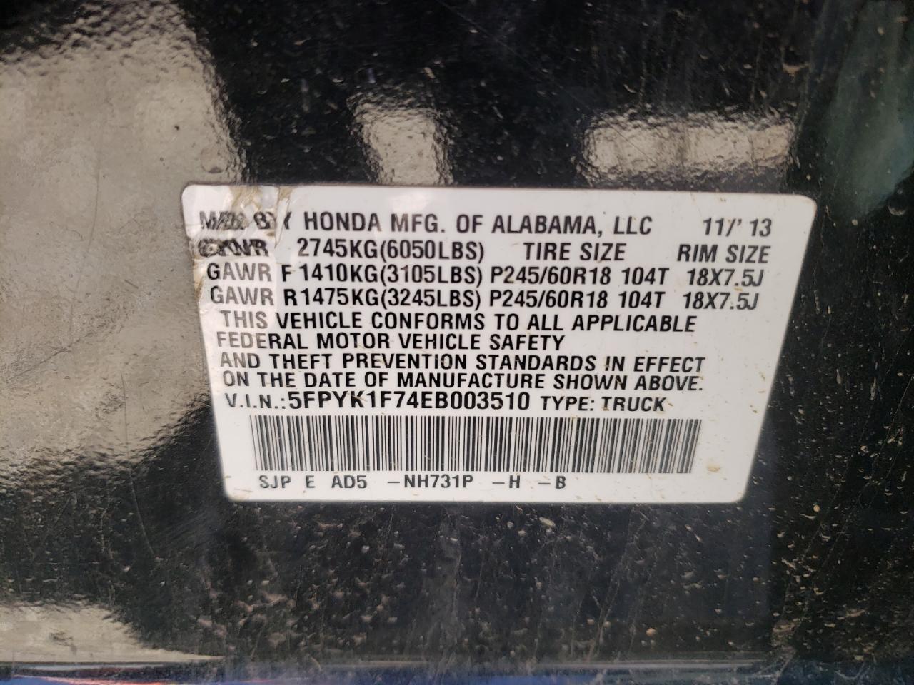 Photo 10 from auction – 2014 HONDA RIDGELINE with VIN 5FPYK1F74EB003510