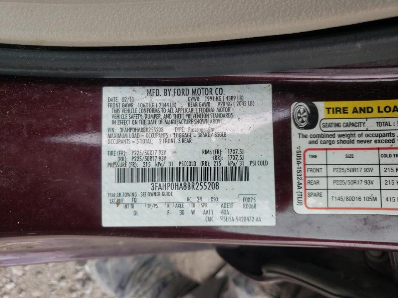 Photo 10 from auction – 2011 FORD FUSION SE with VIN 3FAHP0HA8BR255208