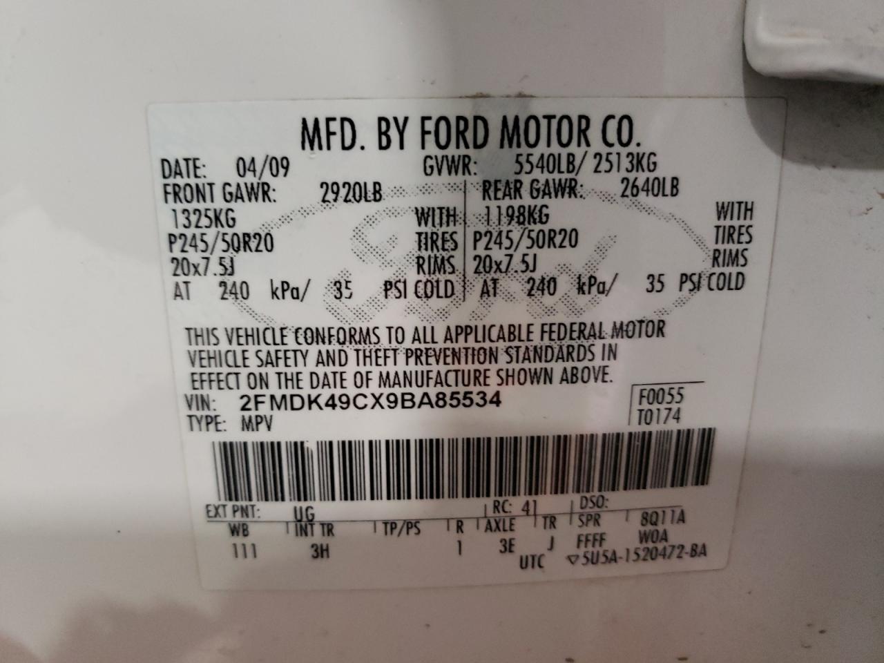 Photo 10 from auction – 2009 FORD EDGE LIMIT with VIN 2FMDK49CX9BA85534