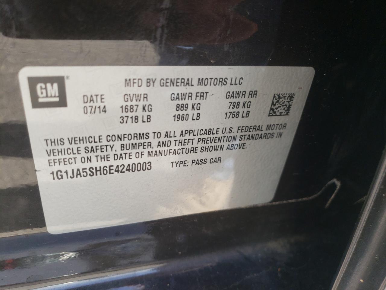 Photo 10 from auction – 2014 CHEVROLET SONIC LS with VIN 1G1JA5SH6E4240003
