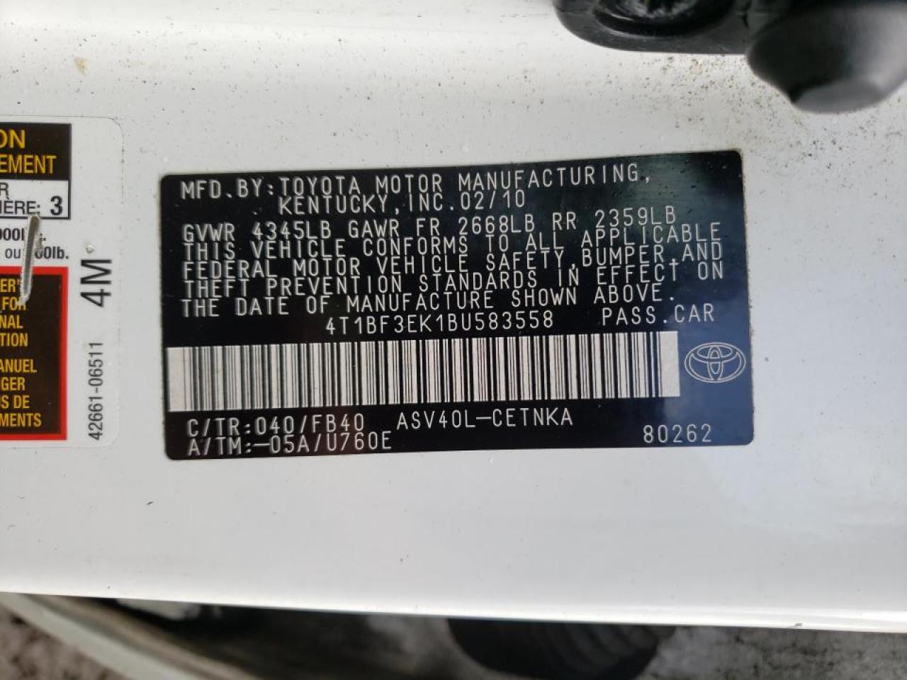 Zdjęcie 10 z aukcji – 2011 TOYOTA CAMRY BASE z VIN 4T1BF3EK1BU583558