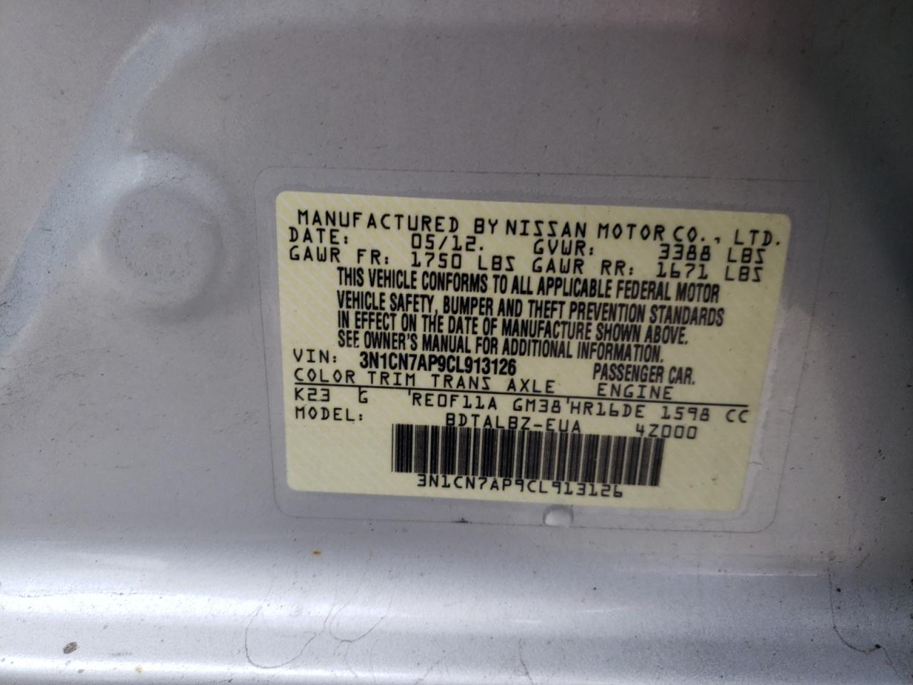 Photo 10 from auction – 2012 NISSAN VERSA S with VIN 3N1CN7AP9CL913126