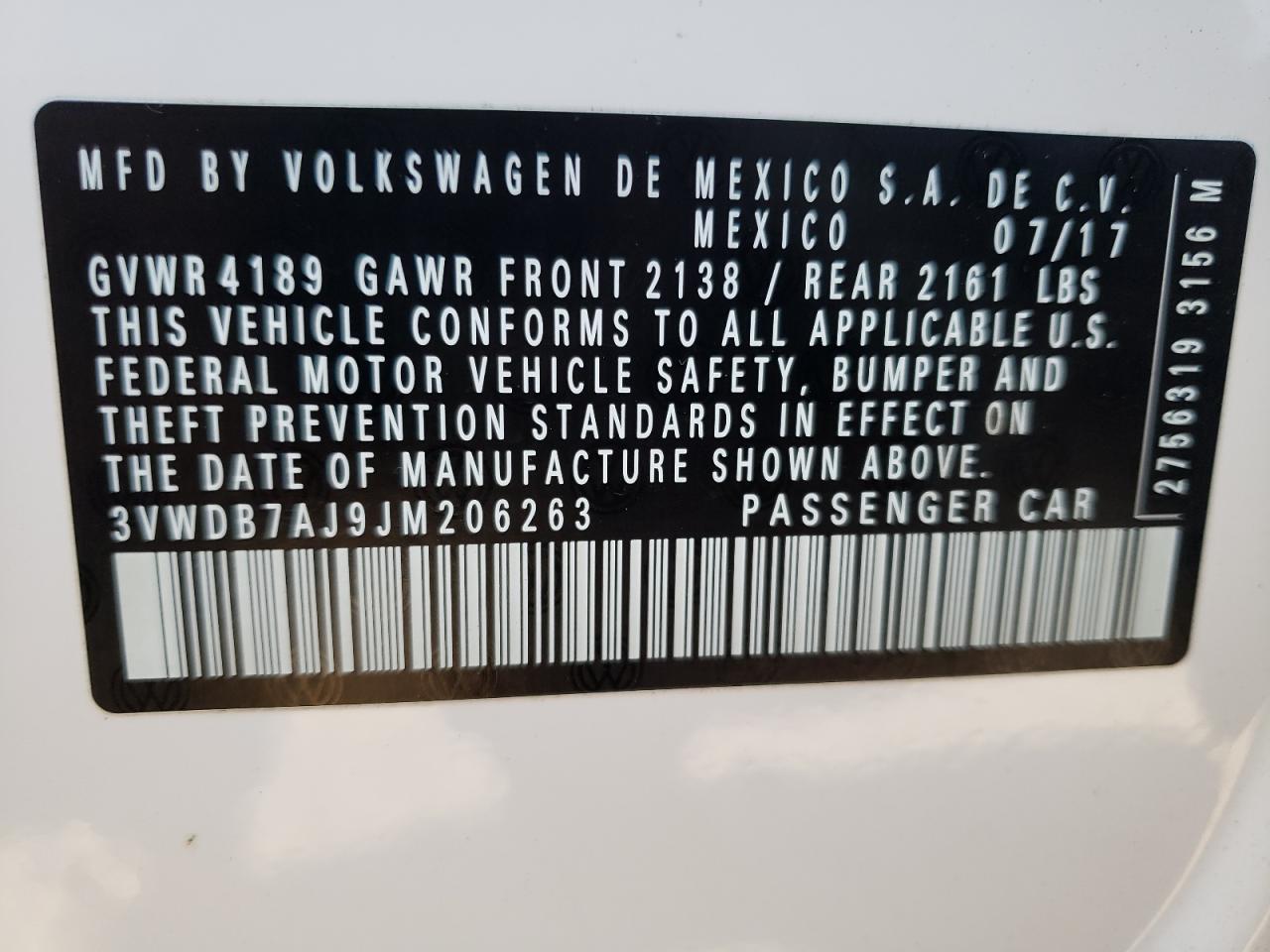 Photo 10 from auction – 2018 VOLKSWAGEN JETTA SE with VIN 3VWDB7AJ9JM206263
