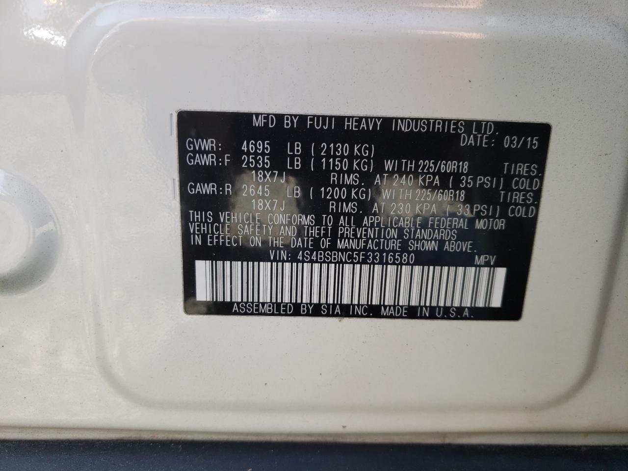 Photo 10 from auction – 2015 SUBARU OUTBACK 2. with VIN 4S4BSBNC5F3316580